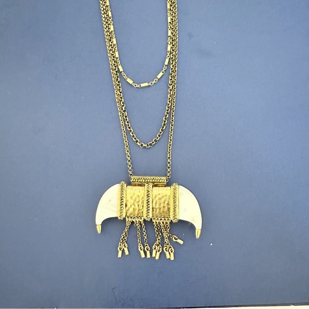 Lucky Brand Tusk Horn Brass Necklace Western Boho Chunky 3 Chains Layers